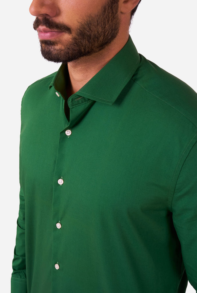 Men wearing dark green men's shirt, close up