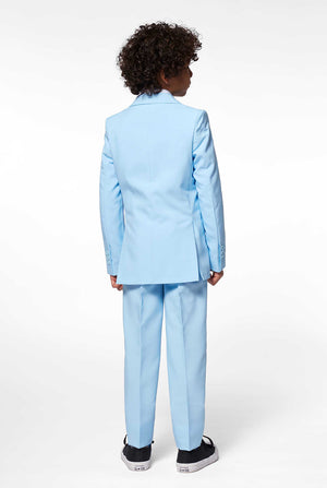 Solid colored light blue suit worn by boy