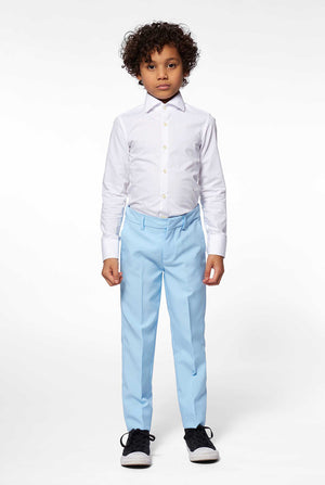 Solid colored light blue suit worn by boy