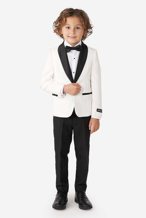 Kid wearing white and black tuxedo