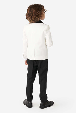 Kid wearing white and black tuxedo