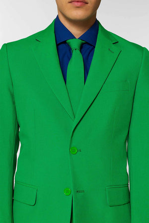 Man wearing green men's suit and dark blue dress shirt