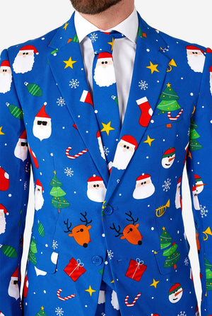 Man wearing blue Christmas suit