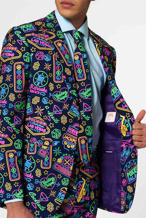Retro Las Vegas Themed Poker men's suit Mr. Vegas worn by man close up looking to the right