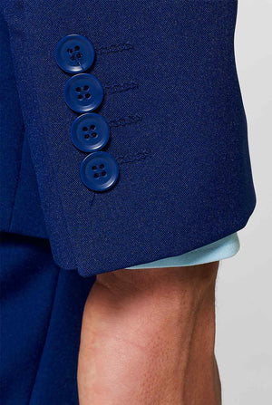 Navy blue men's suit worn by man