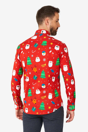Man wearing red Christmas dress shirt with Christmas icons