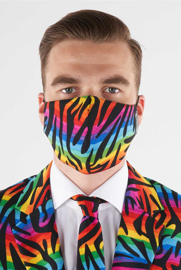 Man wearing rainbow colored face mask