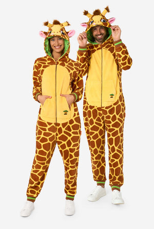 A smiling man and woman are wearing a brown and yellow adult onesie designed as a giraffe. The onesie features a hood resembling a Giraffes head, and giraffe details, perfect for cozy lounging or costume parties. Full body image.
