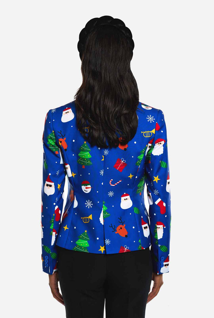 Woman wearing blue Christmas blazer for women, with Christmas icons on it.