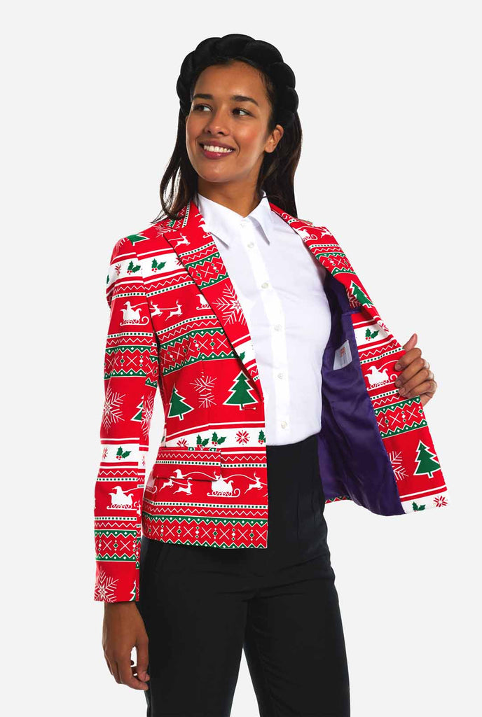 Woman wearing Christmas blazer with Winter print