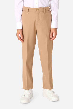 Kid wearing a stylish light brown/ beige suit with a white dress shirt, looking away from the camera. Perfect formal outfit for boys' special occasions, weddings, and parties. Pants close up.