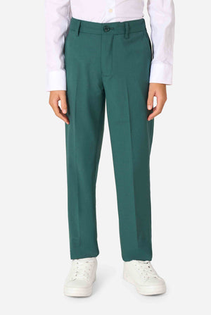 Kid wearing a stylish dark green suit with a white dress shirt, looking away from the camera. Perfect formal outfit for boys' special occasions, weddings, and parties. Pants close up.