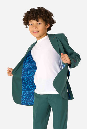 Kid wearing a stylish dark green suit with a white dress shirt, looking away from the camera. Perfect formal outfit for boys' special occasions, weddings, and parties.