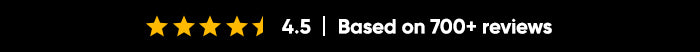 Image with black background and the text based on 700+ reviews and golden review stars 4.5. The image links to reviews page.