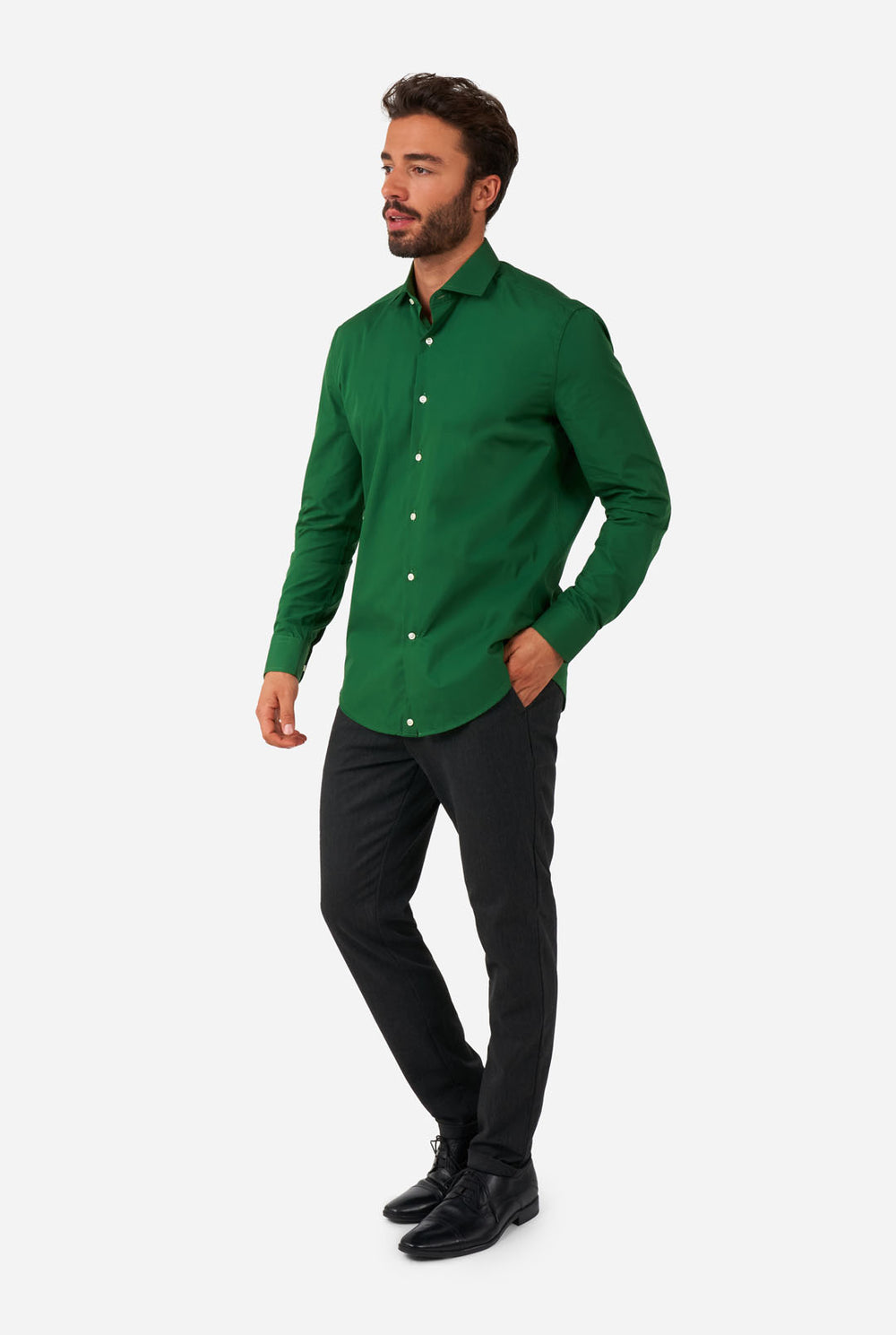 Men wearing dark green men's shirt