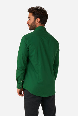 Men wearing dark green men's shirt, view from the back