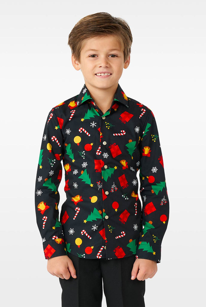 Funny black Christmas icons dress shirt worn by a boy zoomed in