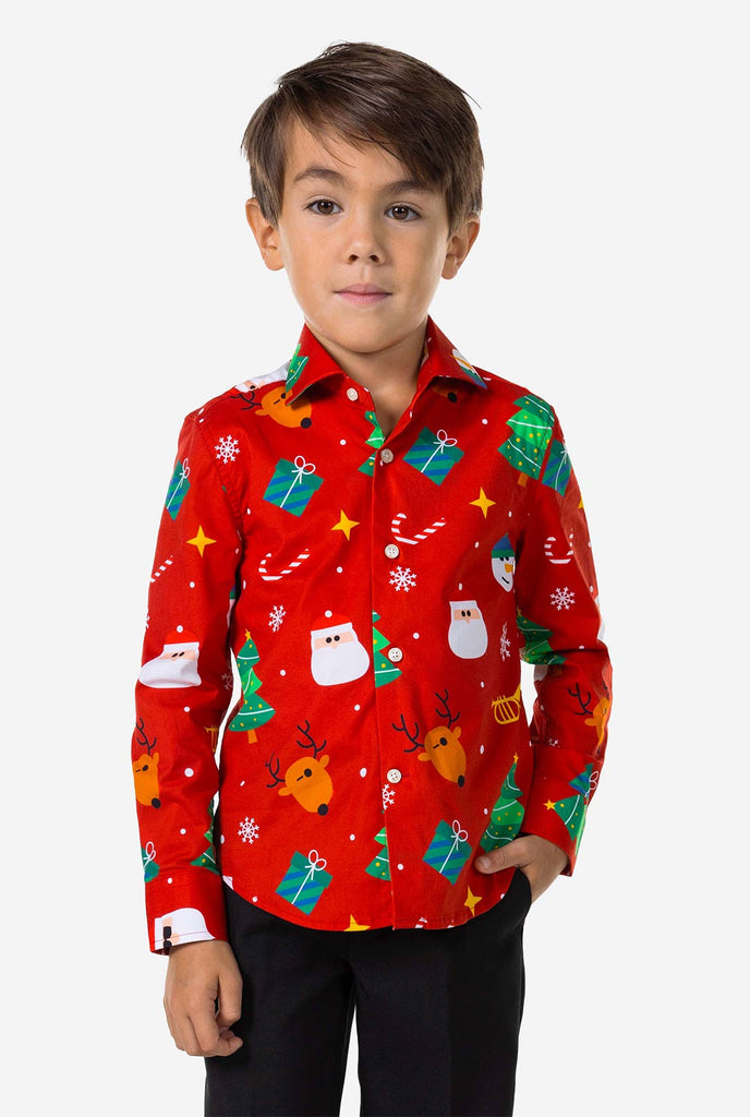 Kid wearing red Christmas suit