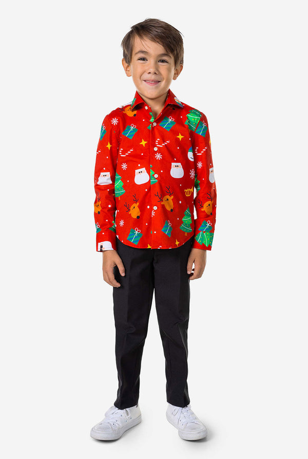 Kid wearing red Christmas suit