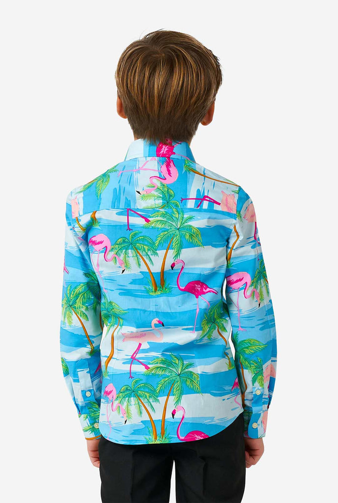 Boy wearing long sleeve boys' shirt with summer flamingo print