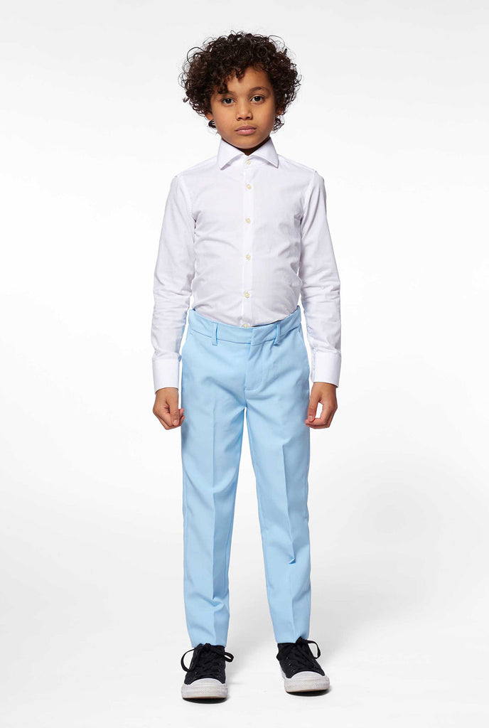 Solid colored light blue suit worn by boy