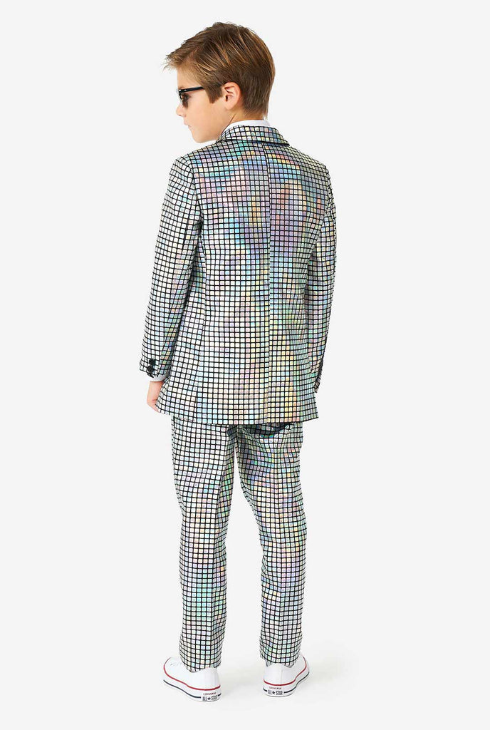 Boy wearing disco ball mirror suit