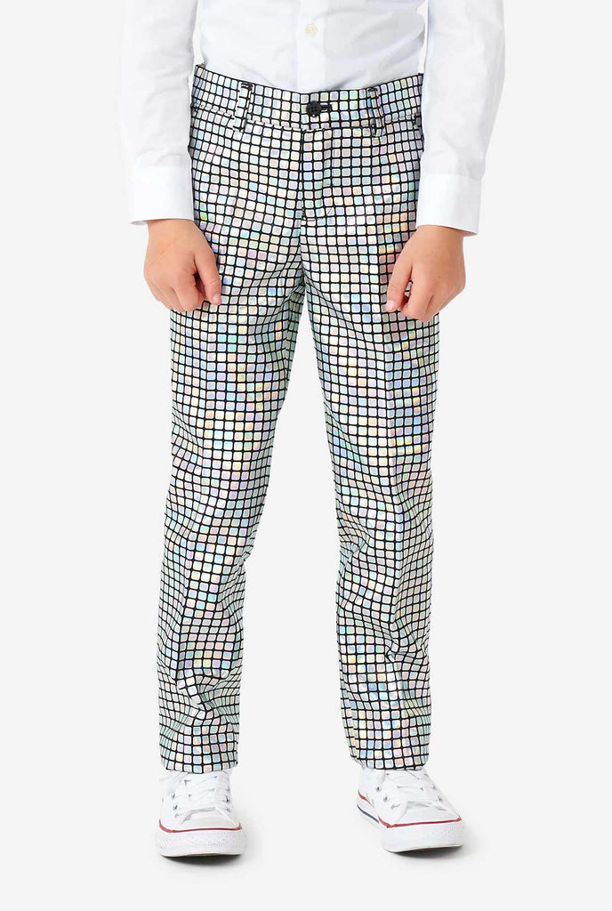 Boy wearing disco ball mirror suit