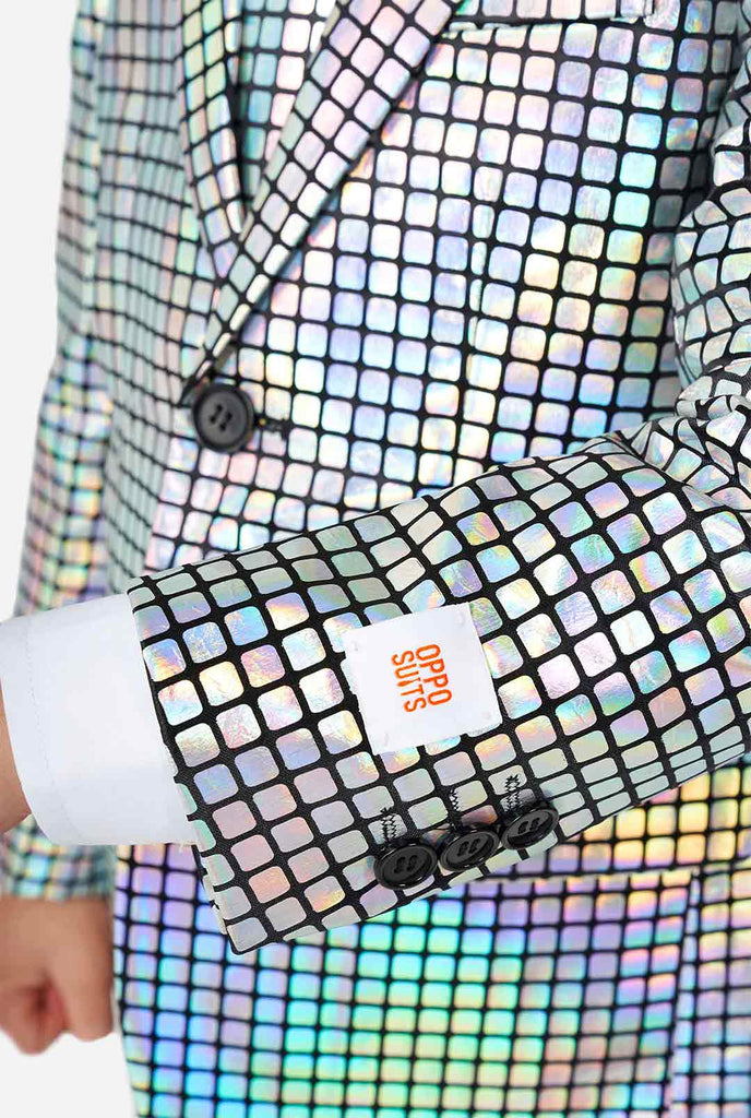 Boy wearing disco ball mirror suit