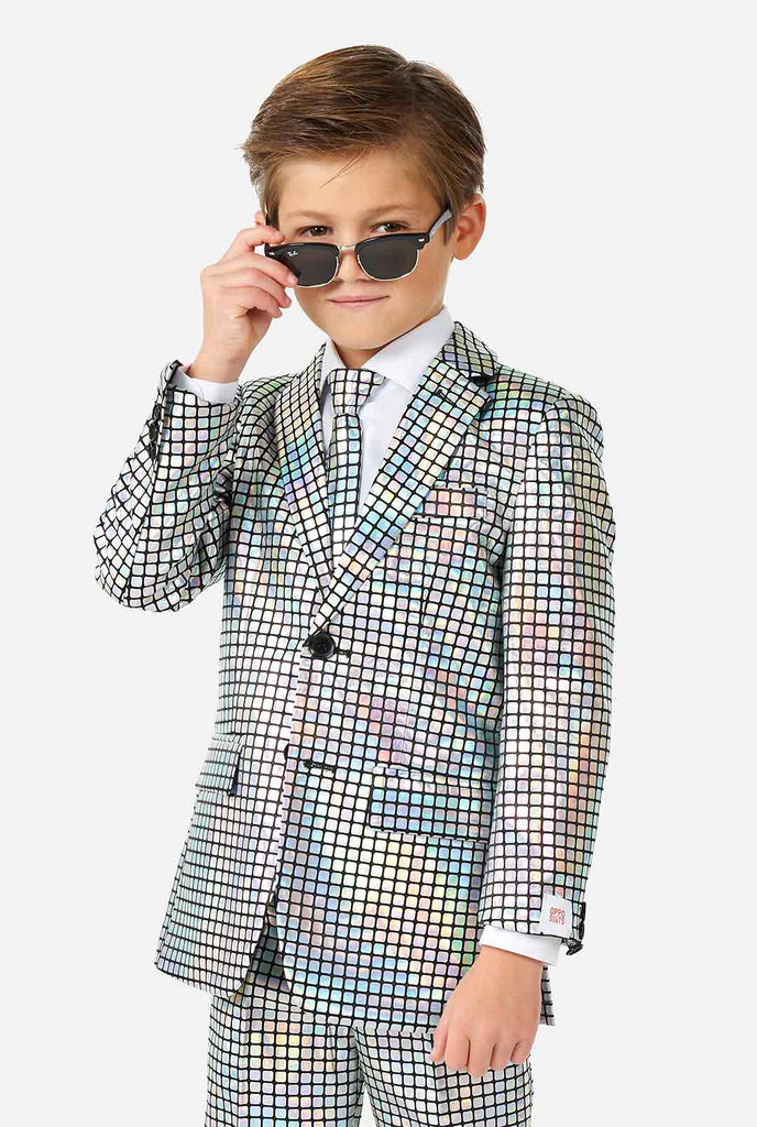 Boy wearing disco ball mirror suit