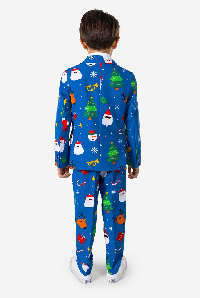 Kid wearing blue Christmas suit