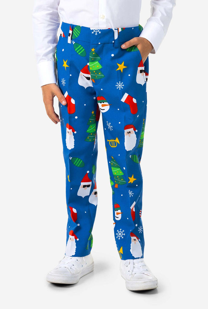 Kid wearing blue Christmas suit