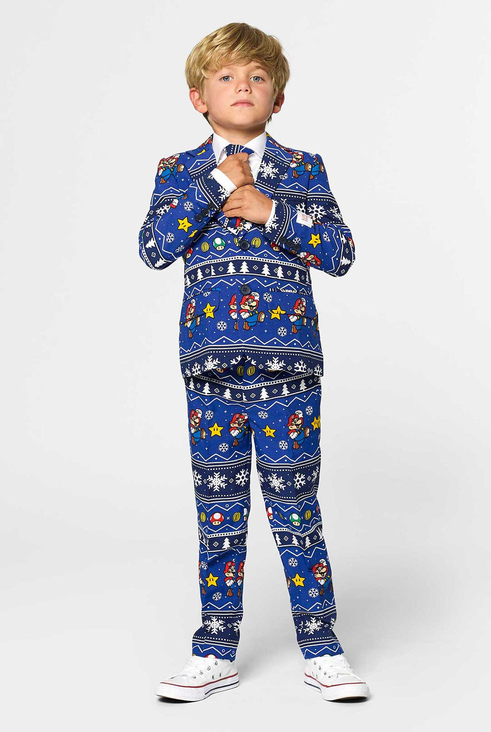 Christmas suit for boys with Super Mario print worn by boy