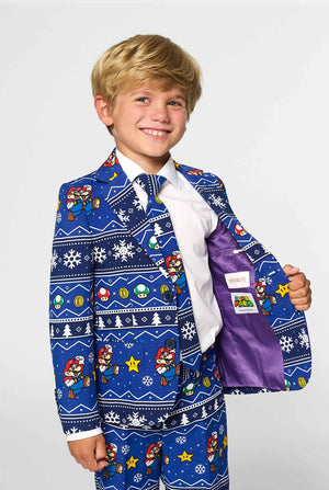 Christmas suit for boys with Super Mario print worn by boy