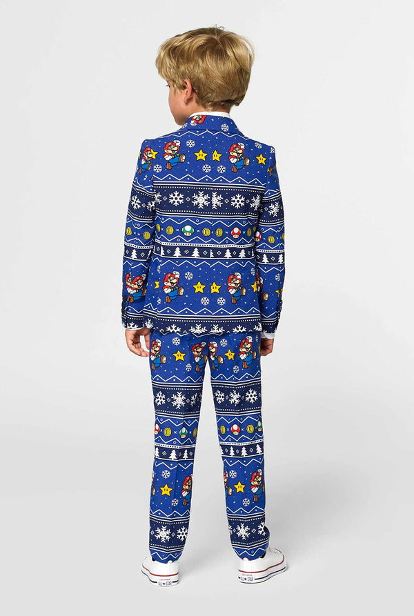 Christmas suit for boys with Super Mario print worn by boy