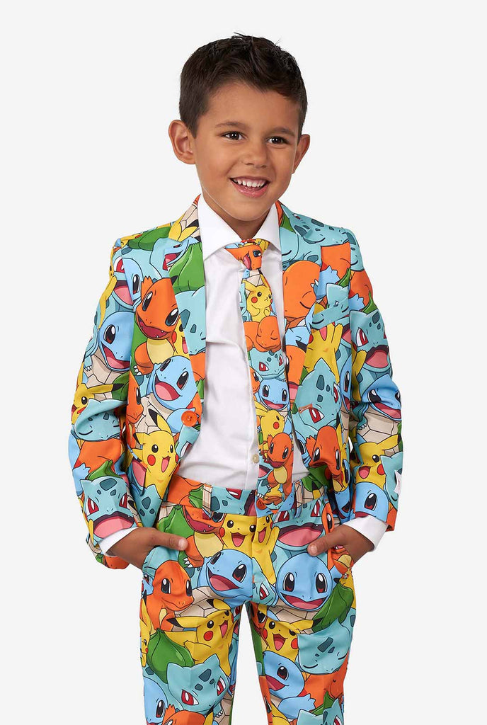Boy wearing pokemon print suit