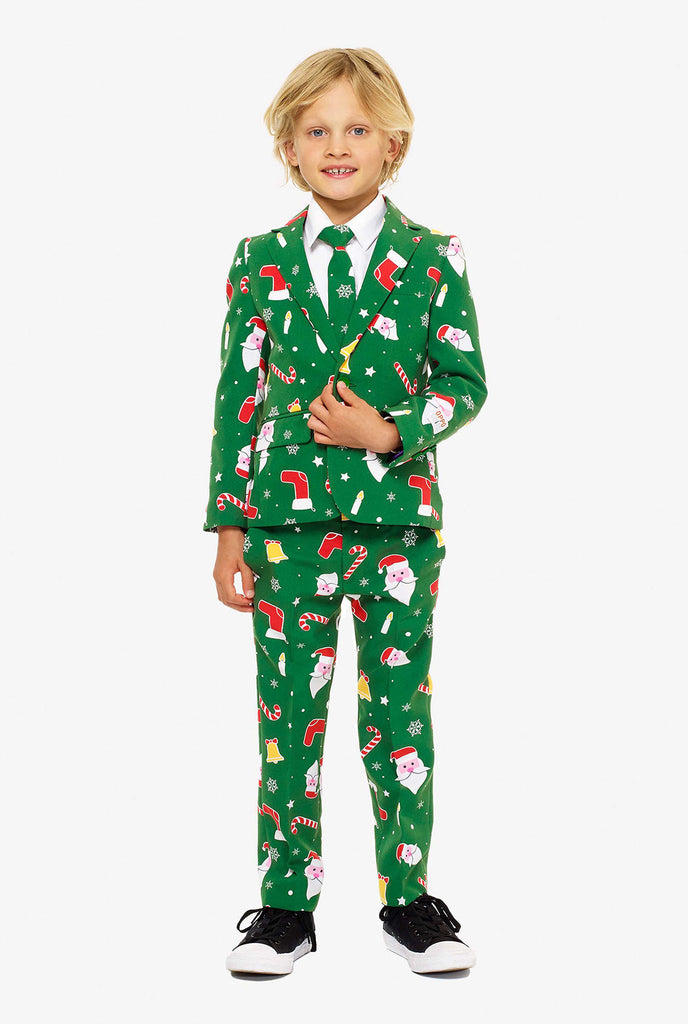 Green Christmas suit for boys with Christmas cartoon icons worn by boy