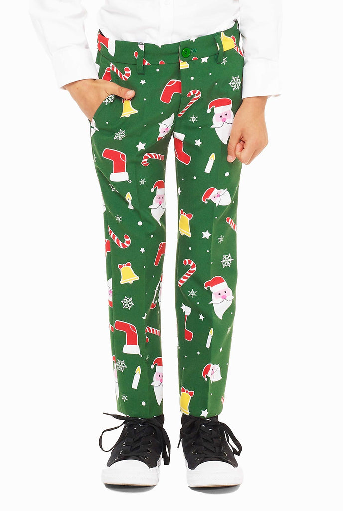 Green Christmas suit for boys with Christmas cartoon icons worn by boy