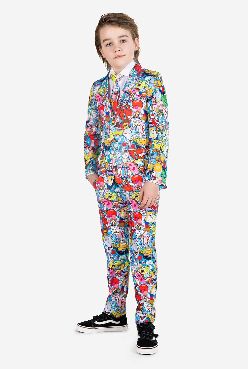 Boy wearing a spongebob suit