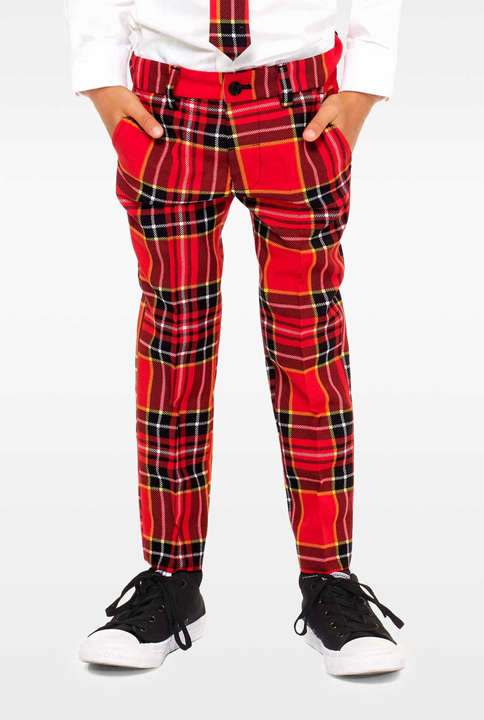 Red plaid suit for boys worn by boy