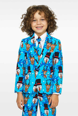 Blue Christmas suit with cartoon prints for boys worn by boy