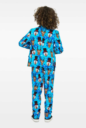 Blue Christmas suit with cartoon prints for boys worn by boy