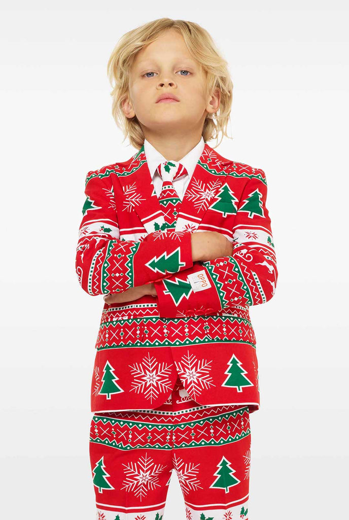 Red christmas suit for boys worn by boy