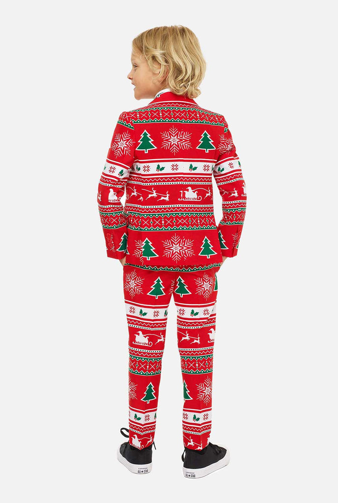 Red christmas suit for boys worn by boy