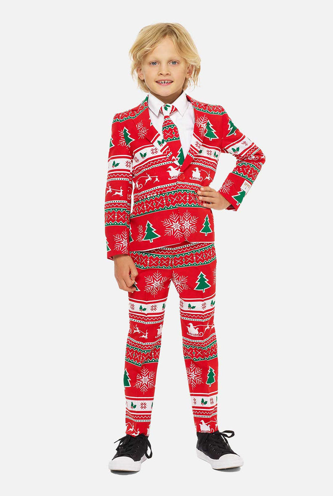 Red christmas suit for boys worn by boy