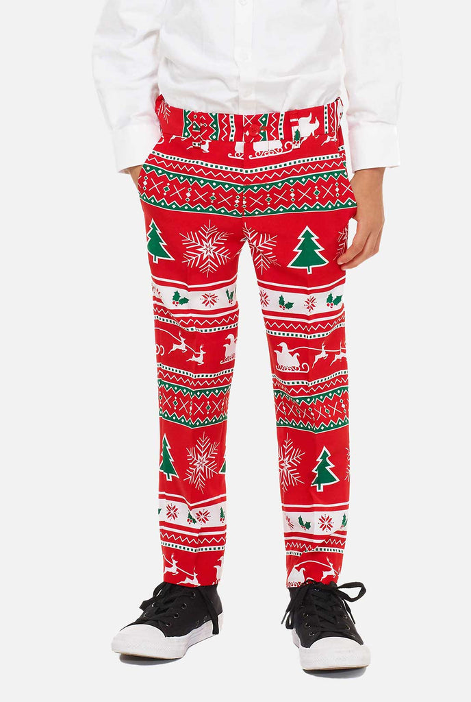 Red christmas suit for boys worn by boy