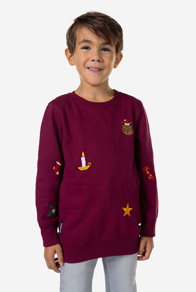 Kid wearing burgundy red Christmas sweater with Christmas icons