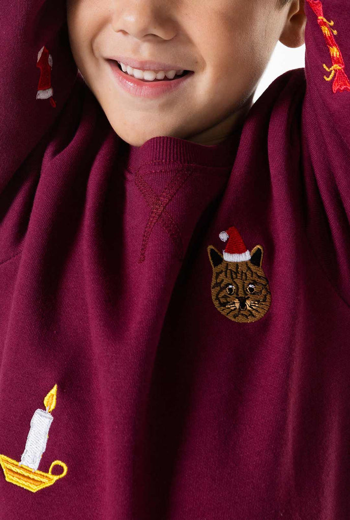 Kid wearing burgundy red Christmas sweater with Christmas icons
