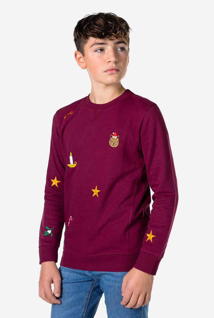 Kid wearing burgundy red Christmas sweater with Christmas icons