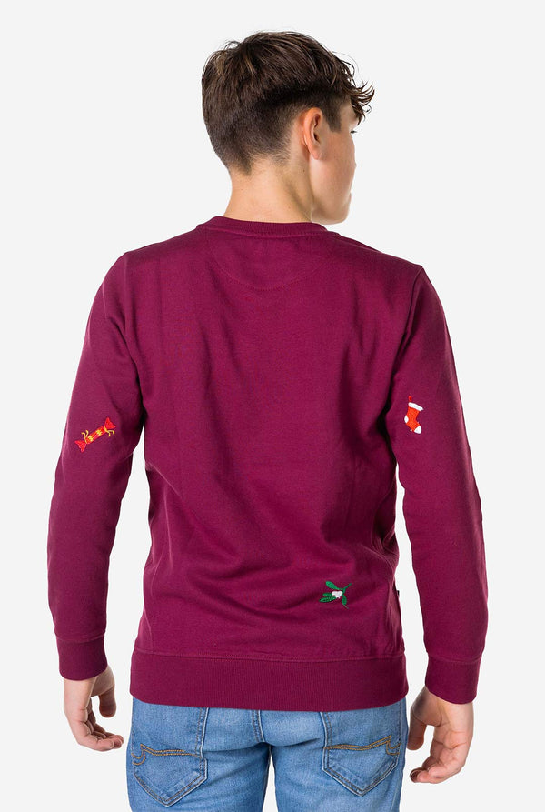Kid wearing burgundy red Christmas sweater with Christmas icons