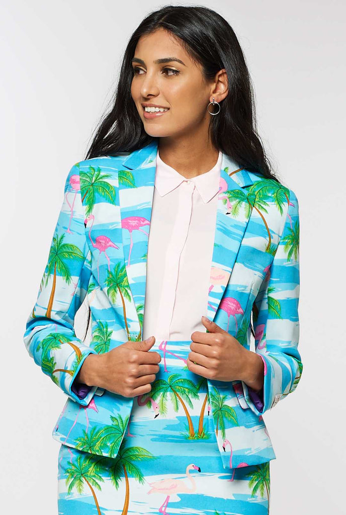 Woman wearing summer blazer with tropical flamingo print